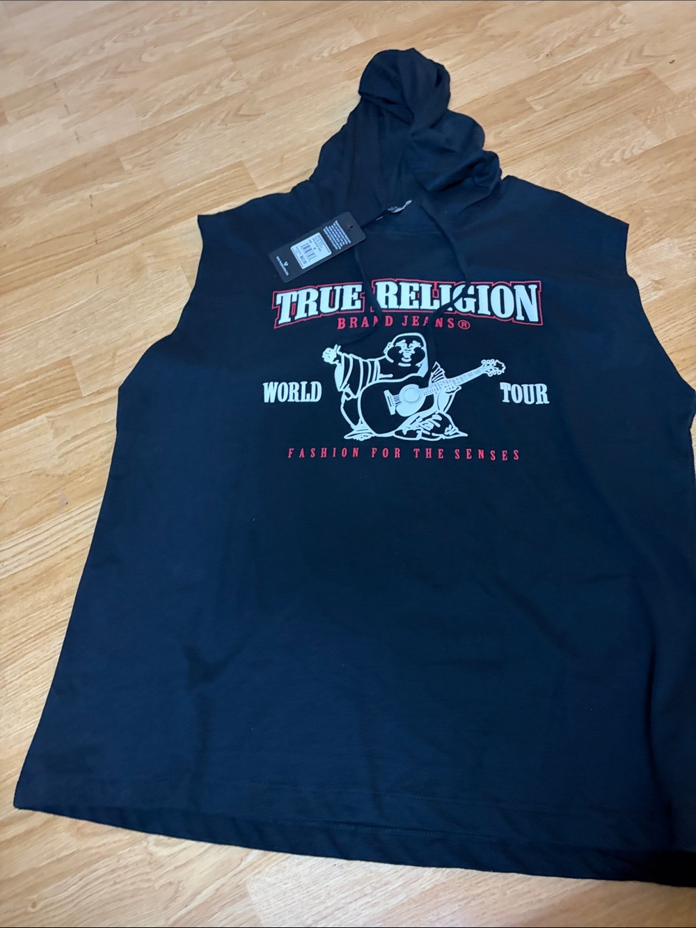 True Religion Black Sleeveless Hoodie Tank with White & Red Graphic